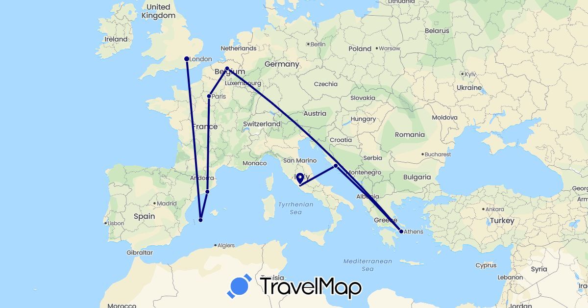 TravelMap itinerary: driving in Belgium, Spain, France, United Kingdom, Greece, Croatia, Italy (Europe)